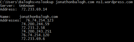 Using nslookup to resolve domain jonathonbalogh.com with wordpress.com name servers