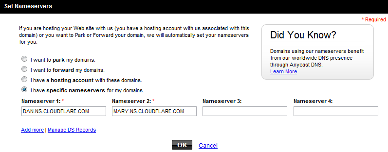 GoDaddy domain configuration using CloudFlare nameservers